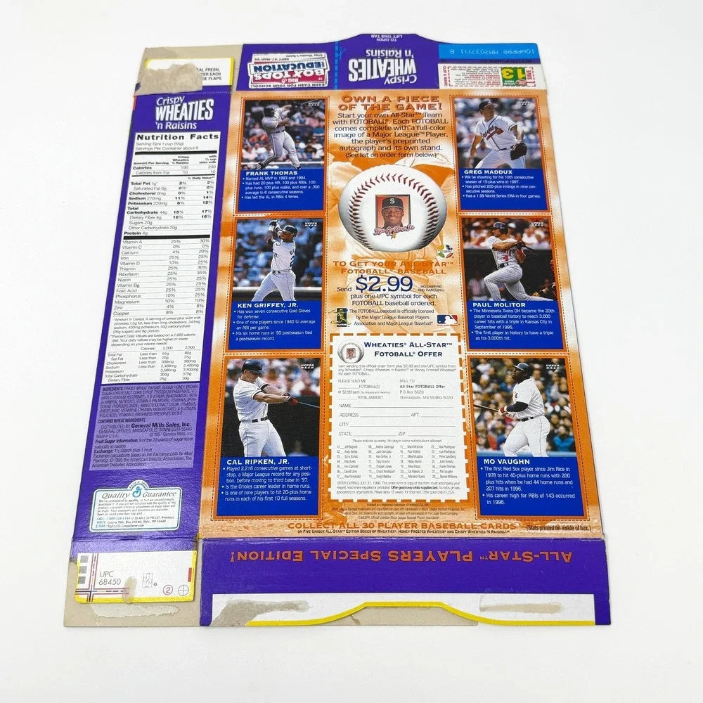 1997 General Mills Wheaties n Raisins Cereal Box MLB All Star Players Flattened